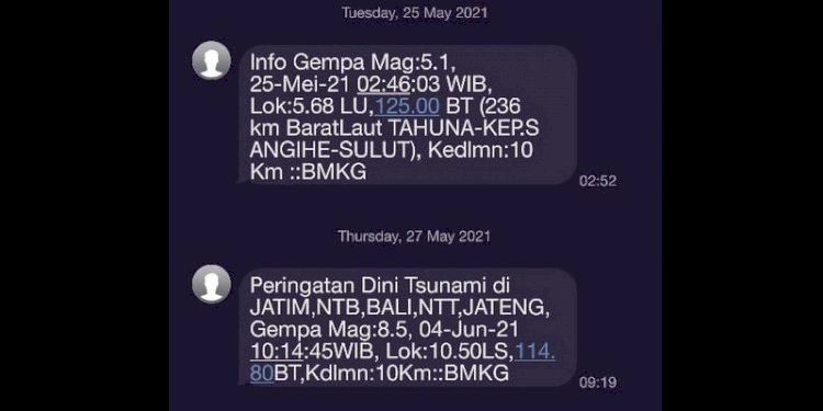 Tangkapan layar SMS notifikasi peringatan gempa dan tsunami pada tanggal 4 Juni 2021/RMOL