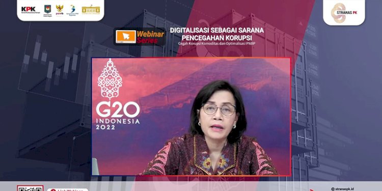 Menkeu Sri Mulyani saat Webinar Digitalisasi sebagai Sarana Pencegahan Korupsi dan Optimalisasi PNBP oleh Strategi Nasional Pencegahan Korupsi (Stranas PK) secara virtual, Rabu pagi (3/8)/Repro