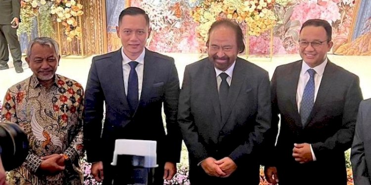  Presiden PKS Ahmad Syaikhu, Ketua Umum Partai Demokrat Agus Harimurti Yudhoyono, Ketua Umum Partai Nasdem Surya Paloh, dan Calon Presiden dari Nasdem, Anies Baswedan/Net