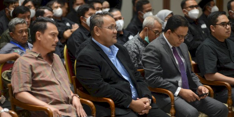 Wakil Ketua Umum JMSI Rahimandani (paling kiri) saat menghadiri pengukuhan Pengda JMSI DKI Jakarta di Balai Kota, Jakarta, 2 Agustus 2022./RMOL