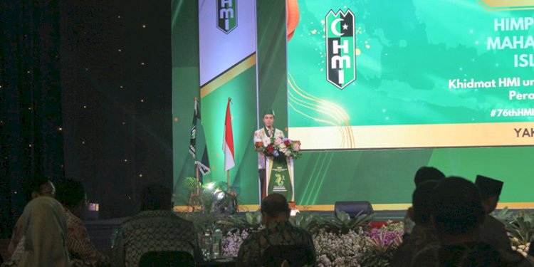 Ketum PB HMI Raihan Ariatama saat sambutan di Dies Natalis HMI ke-76/RMOL