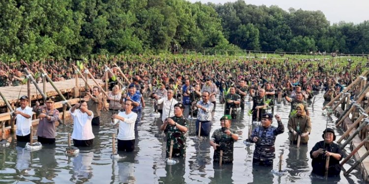 Presiden Joko Widodo bersama Menhan Prabowo Subianto, Panglima TNI, Kapolri dan sejumlah menteri saat acara Puncak Penanaman Mangrove Nasional di Taman Wisata Alam (TWA) Angke Kapuk, Jakarta Utara, Senin (15/5)/Ist