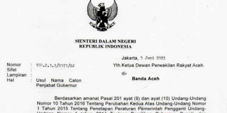 Potongan surat Mendagri kepada Ketua DPR Aceh/Ist untuk RMOLAceh