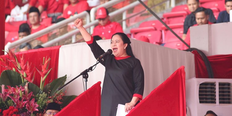 Ketua DPP PDIP Puan Maharani saat pidato di acara puncak perayan Bulan Bung Karno (BBK) 2023 di Stadion Utama Gelora Bung Karno (SUGBK), Jakarta, pada Sabtu (24/6)/Ist