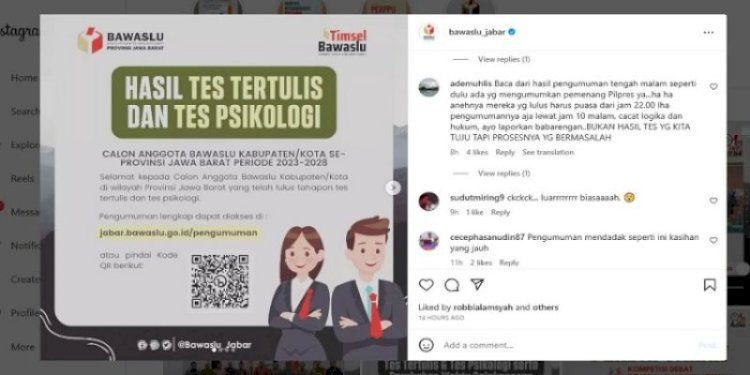 Tangkapan layar akun Instagram Bawaslu Jawa Barat/Net