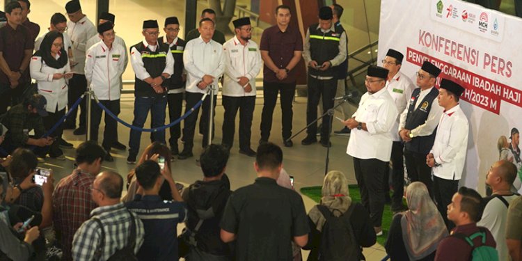 Konferensi pers Menag Yaqut Cholil Qoumas sekaligus menutup secara resmi operasional haji 2023/Ist