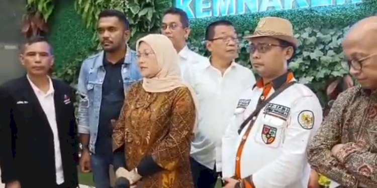 Konferensi pers Migrant Watch bersama Menteri Ketenagakerjaan (Menaker) Ida Fauziyah di Gedung A Kementerian Ketenagakerjaan (Kemnaker), Gatot Subroto, Jakarta, Rabu (30/8)/Ist