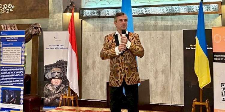 uta Besar Ukraina untuk Indonesia, Vasyl Hamianin saat menyampaikan pidatonya di Umaniara De Brawijaya, Jakarta Selatan, pada Kamis (5/10)/RMOL