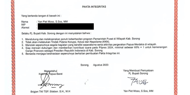 Salinan surat pakta integritas Pj Bupati Sorong Yan Piet Moso yang beredar/Ist