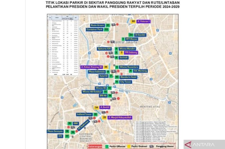 ilustrasi - Peta titik kantong parkir di sekitar panggung rakyat selamat pelantikan Presiden dan Wakil Presiden terpilih pada Minggu (20/10/2024). ANTARA/HO-Dinas Perhubungan DKI Jakarta.