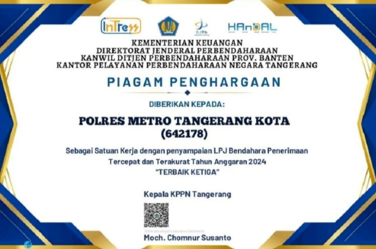 ilustrasi - Piagam penghargaan yang diraih Polres dari kantor pelayanan perbendaharaan negara (KPPN) Tipe A1 Tangerang. ANTARA/HO-Polres Metro Tangerang Kota